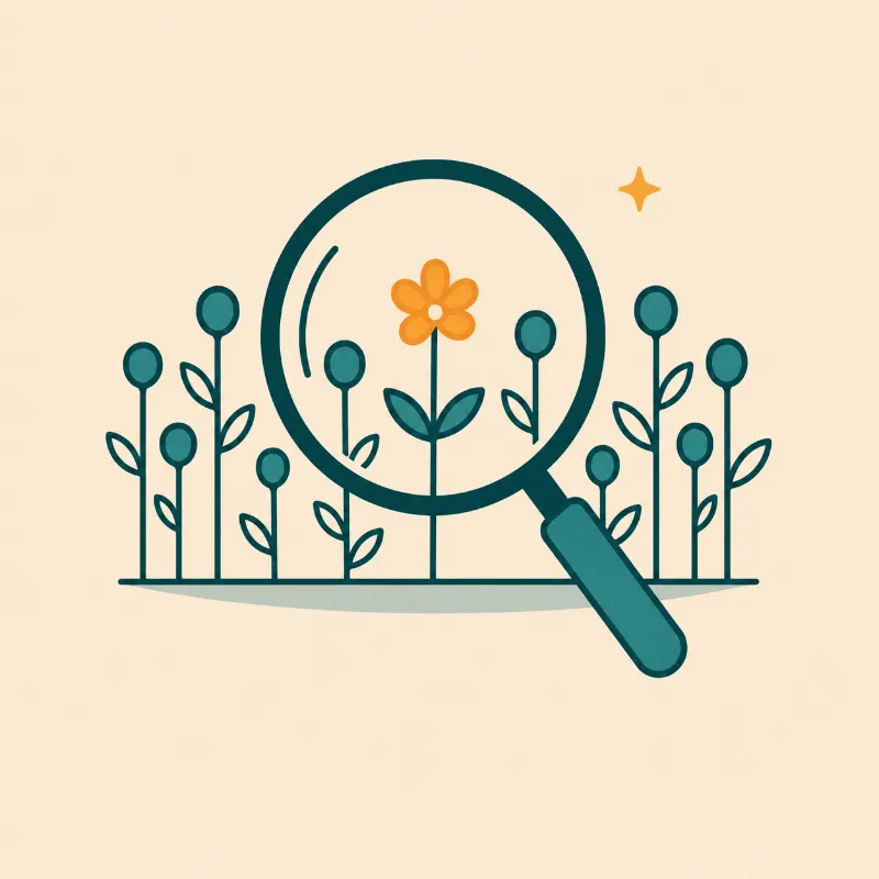 Ilustración de una lupa que revela una flor entre plantas