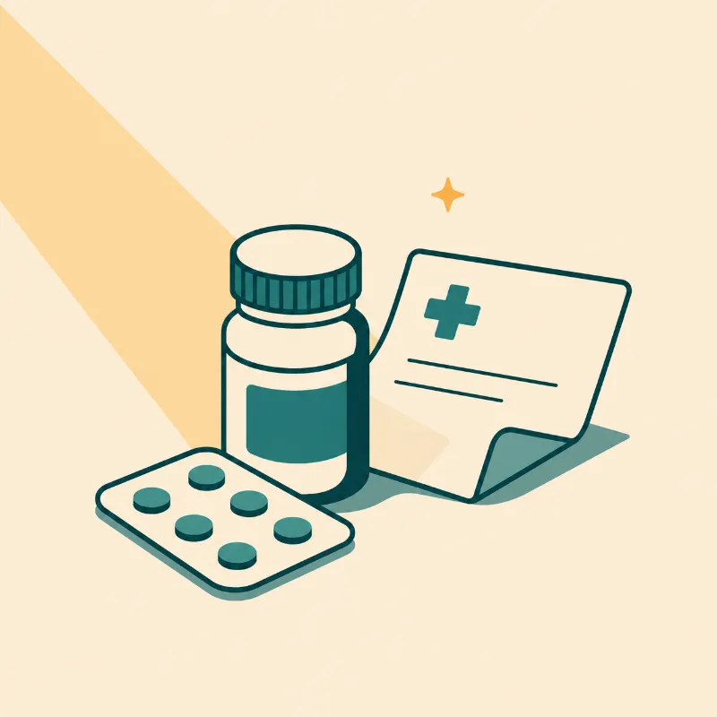 Ilustración de un frasco de medicamentos, un blister de pastillas y una receta médica