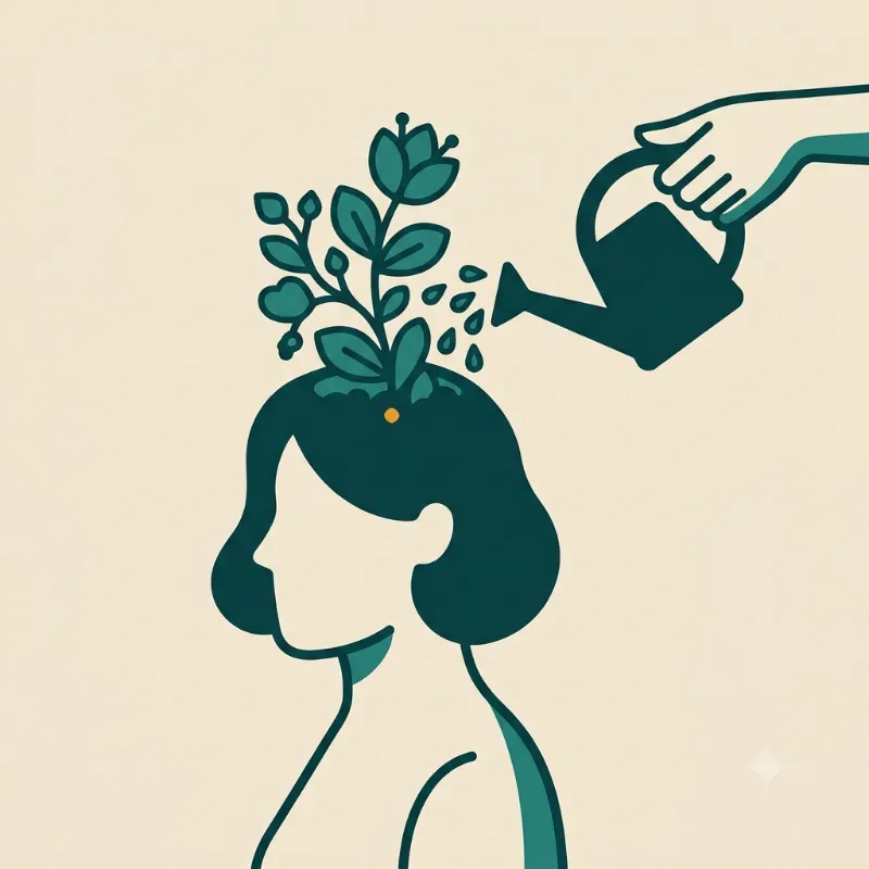 Ilustración de una persona con una planta floreciendo en su cabeza, regada por una mano